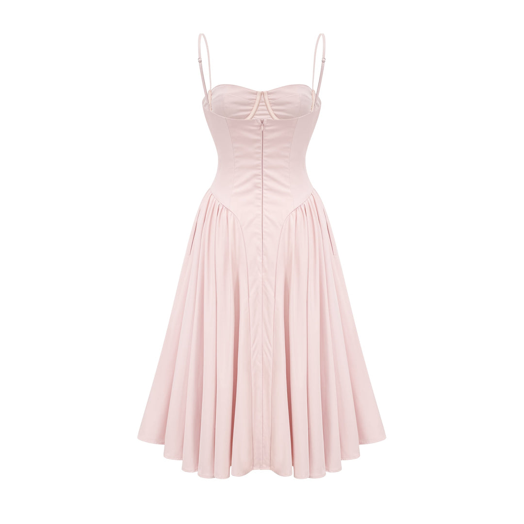 Soleil Pembe Pilili Korse Midi Elbise
