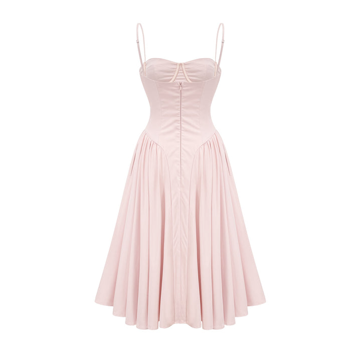 Soleil Pembe Pilili Korse Midi Elbise