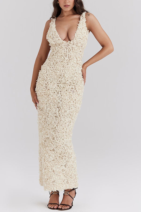 Lyra 3D Çiçekli Askılı Maksi Elbise