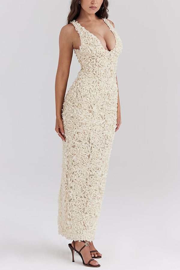 Lyra 3D Çiçekli Askılı Maksi Elbise