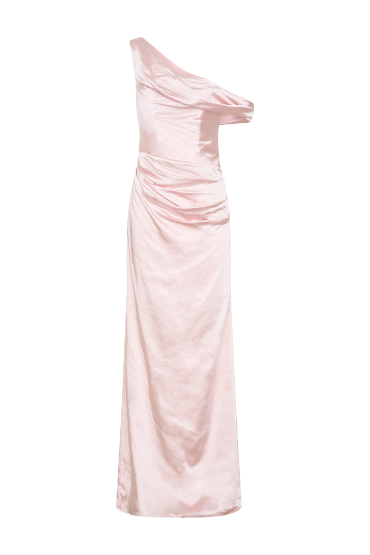 Dalia Düşük Omuzlu Saten Maxi Elbise - Soft Pembe