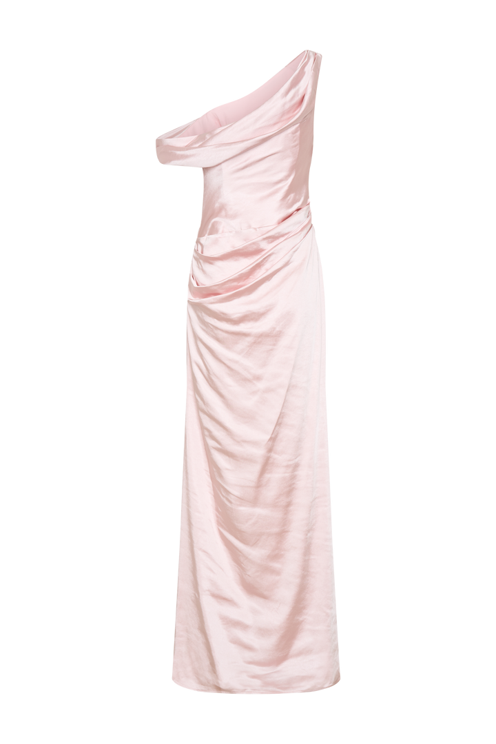 Dalia Düşük Omuzlu Saten Maxi Elbise - Soft Pembe