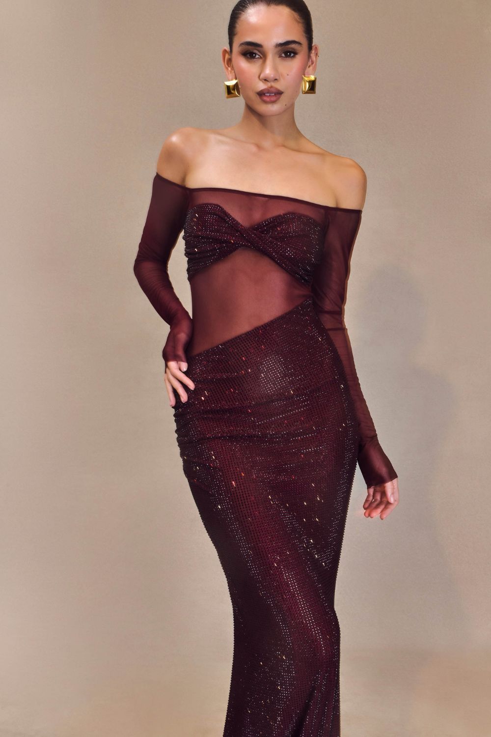 Giada Tek Omuz Transparan Bordo Payetli Gece Elbisesi