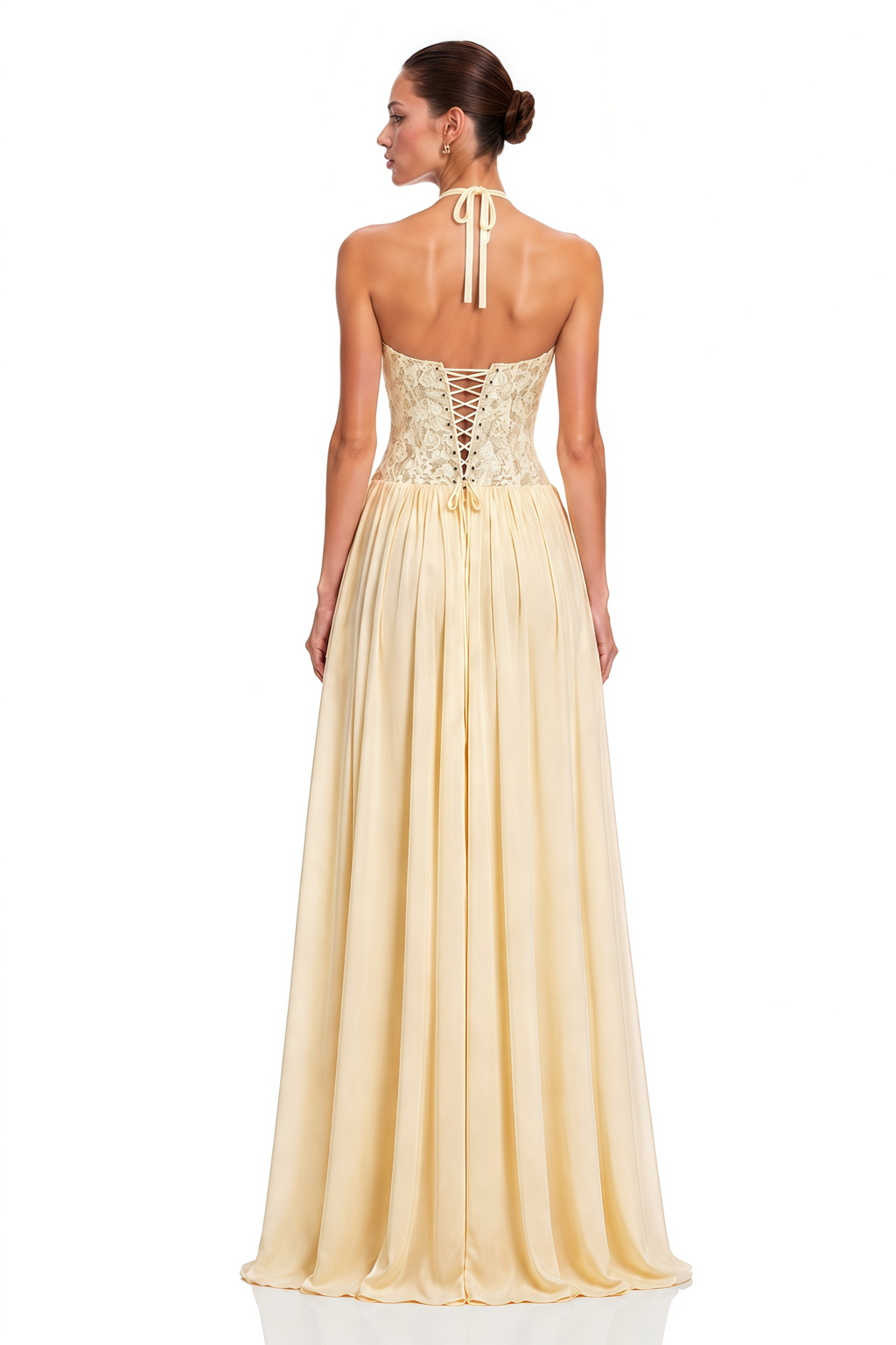 Joelle Yellow Halterneck Lace Corset Maxi Dress