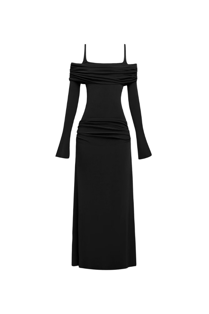 Zoey Drapeli Siyah Uzun Elbise