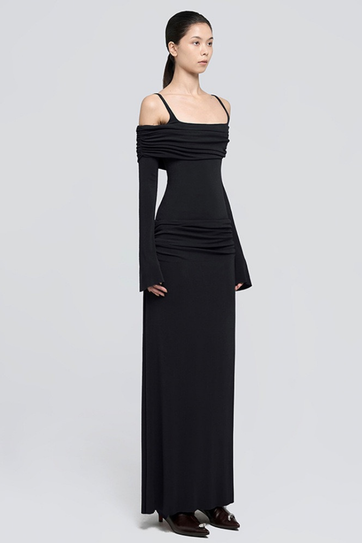 Zoey Drapeli Siyah Uzun Elbise