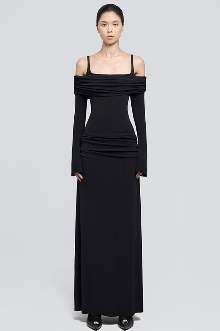 Zoey Drapeli Siyah Uzun Elbise