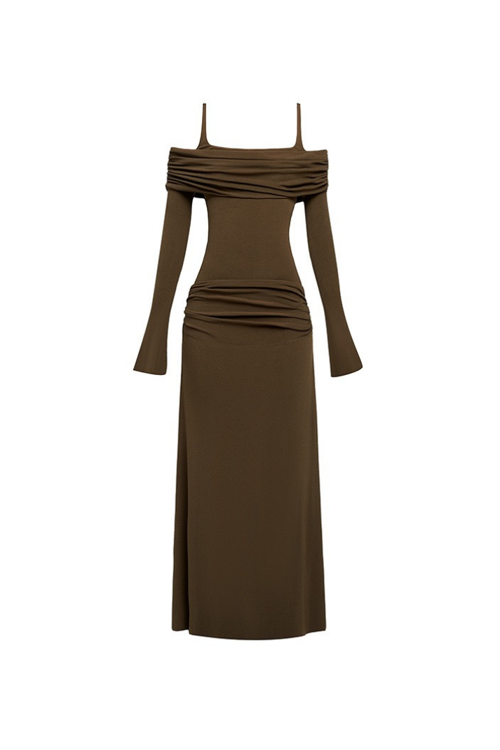 Zoey Drapeli Kahverengi Uzun Elbise