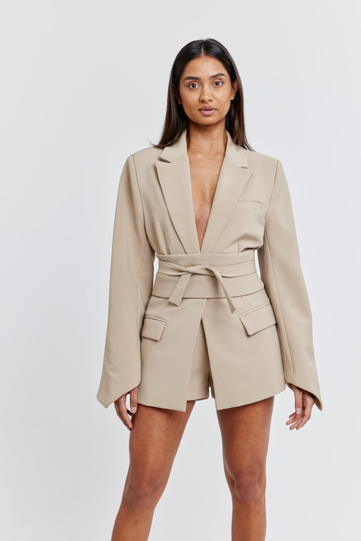 Taupe Kemerli Blazer Ceket - Riosso