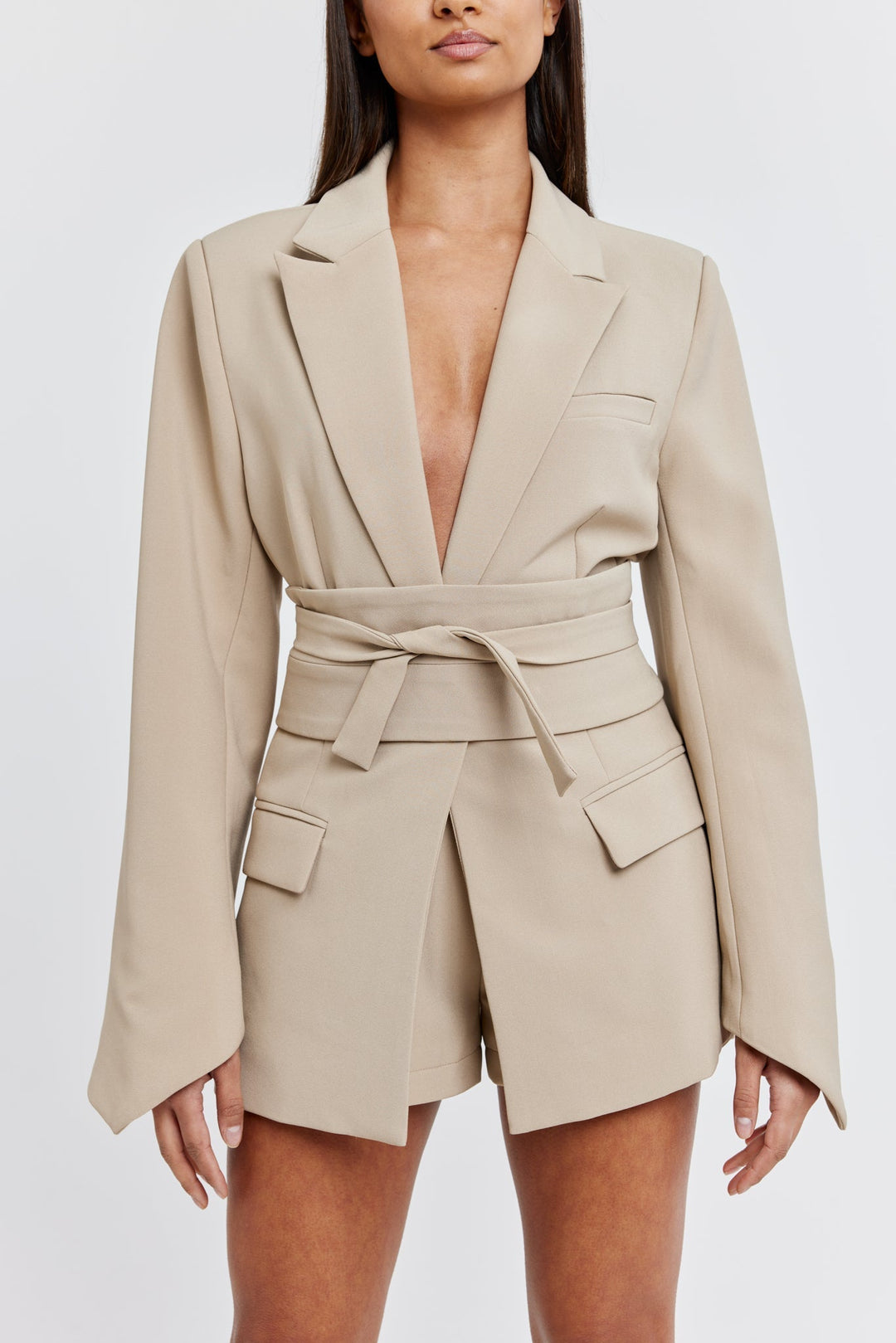 Taupe Kemerli Blazer Ceket - Riosso
