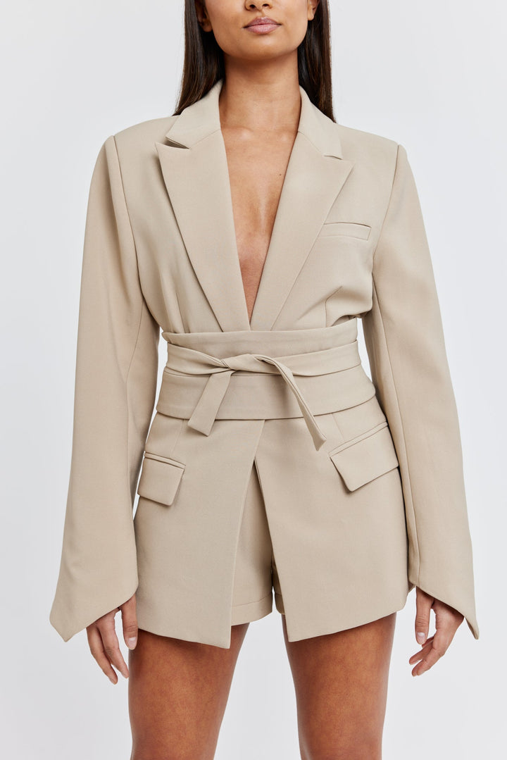 Taupe Kemerli Blazer Ceket - Riosso
