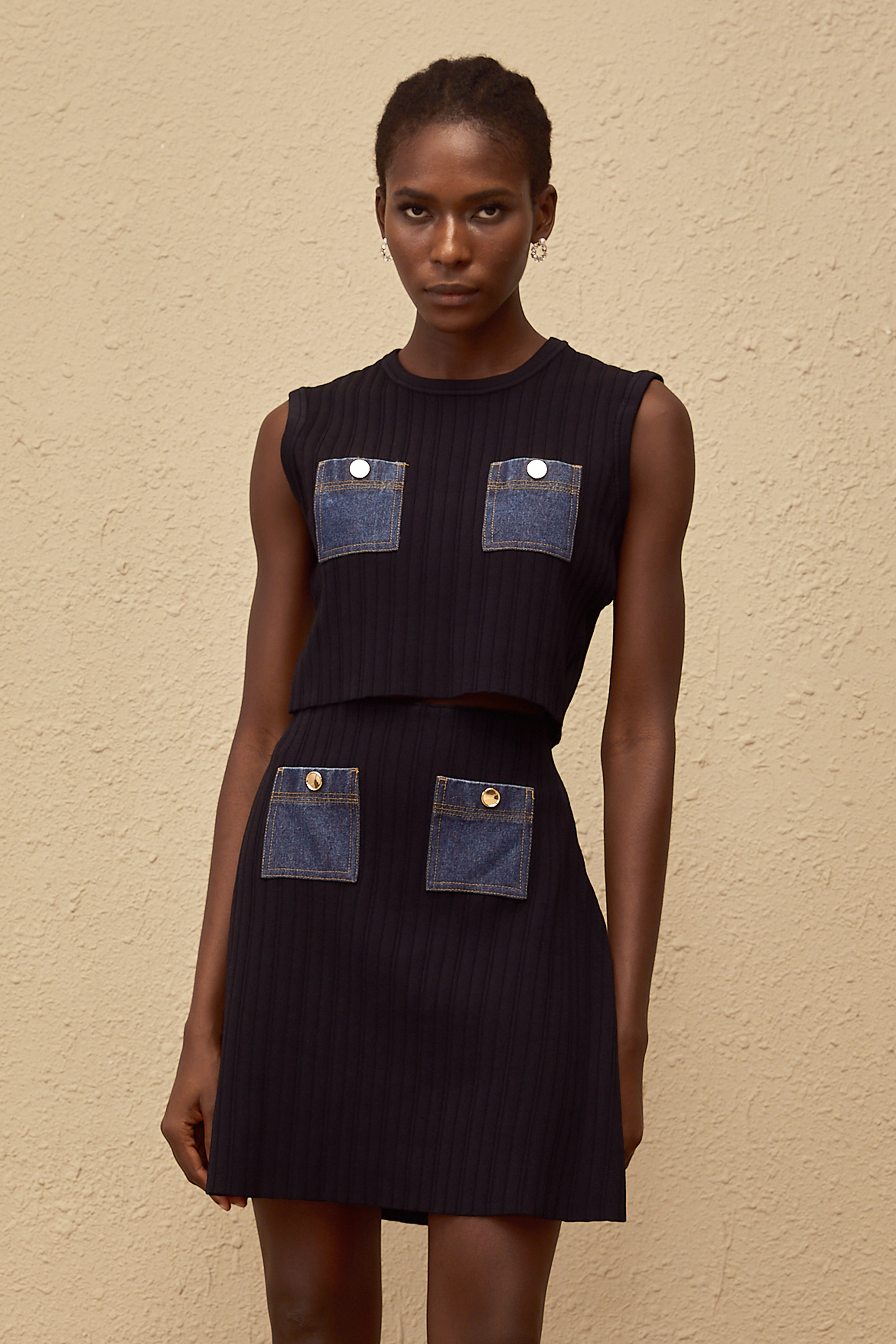 Kleopatra Mavi Denim Panel Nervürlü Örgü Set