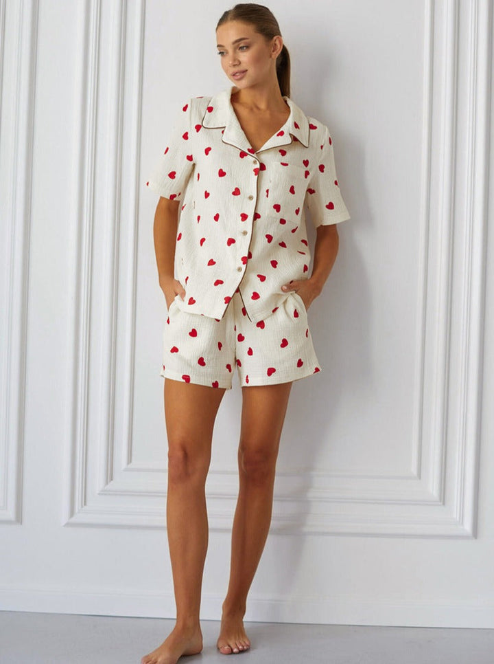 Kalp Baskılı Yakalı Pijama Takımı - Riosso