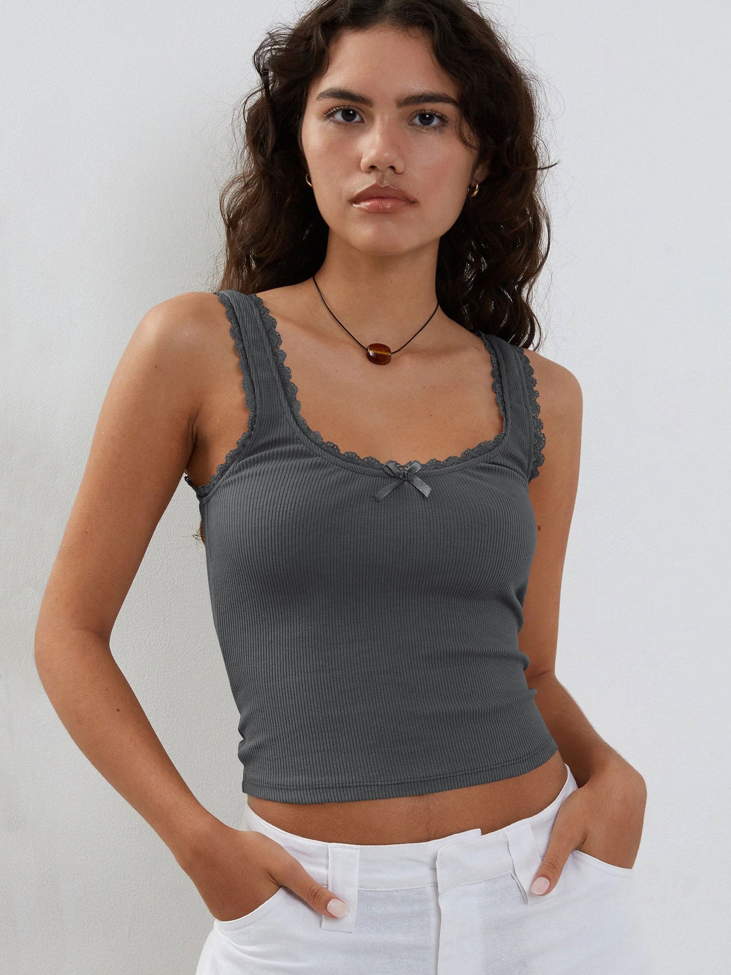 Muı Koyu Gri Dantel Crop Top - Riosso