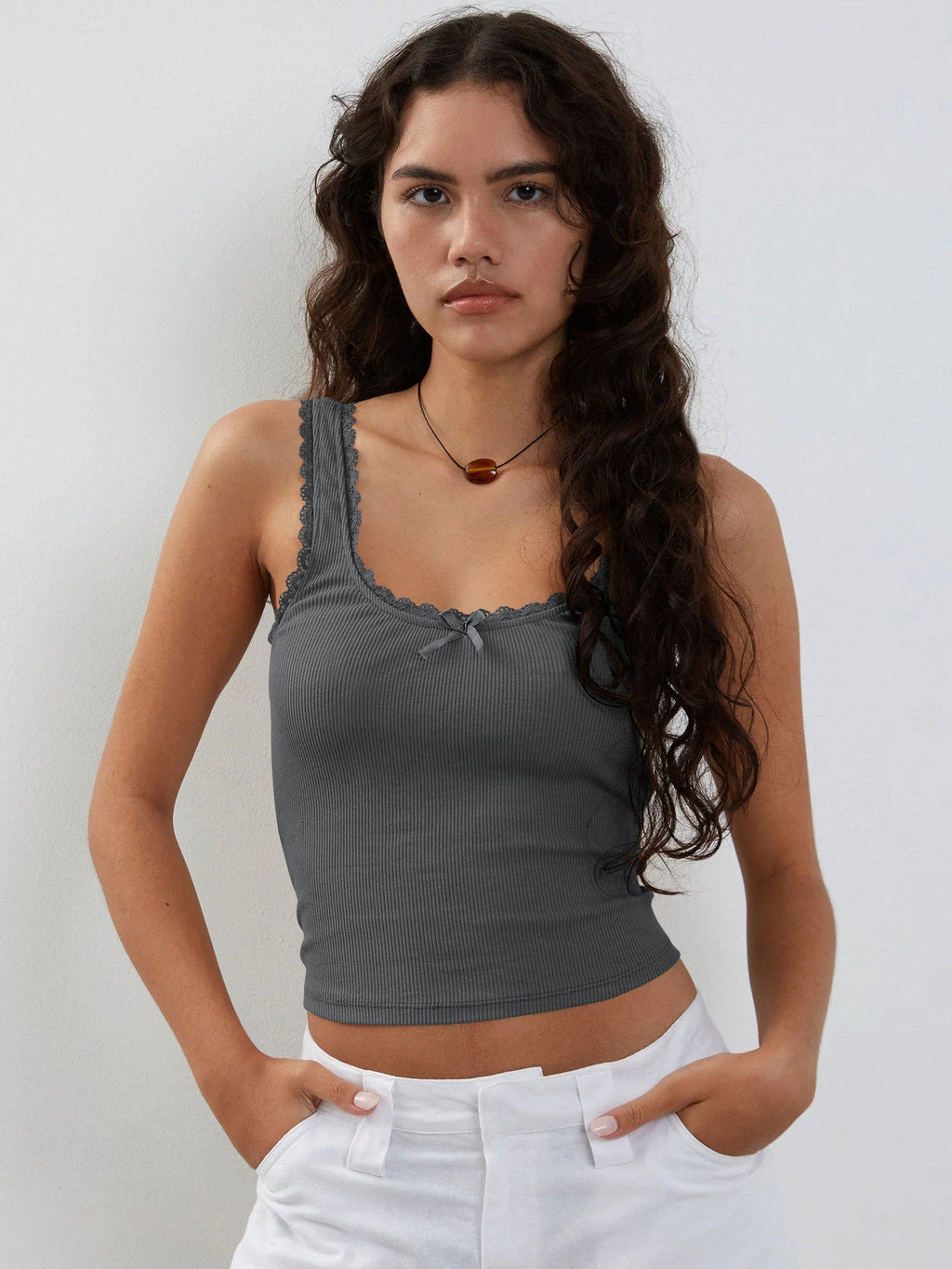 Muı Koyu Gri Dantel Crop Top - Riosso