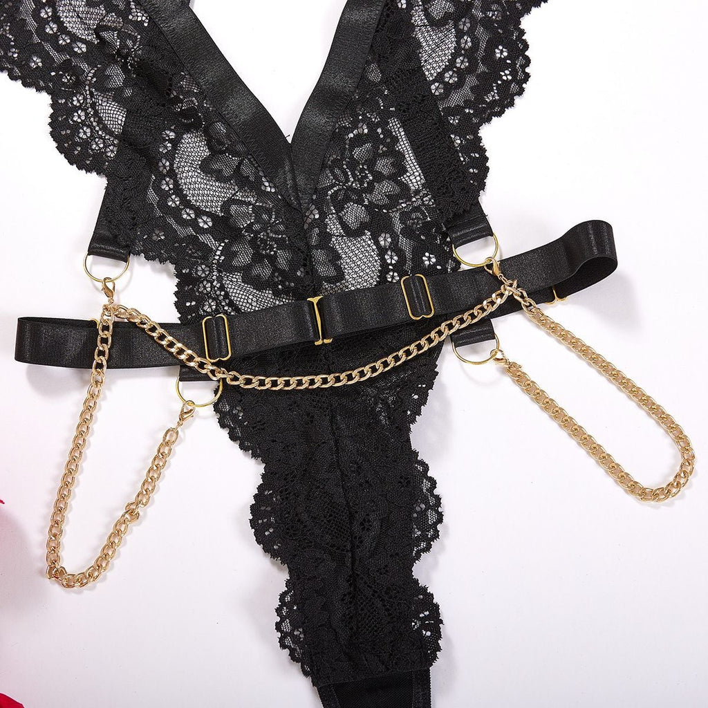 Metalik Zincir Detaylı Dekolteli Büstiyer Bodysuit