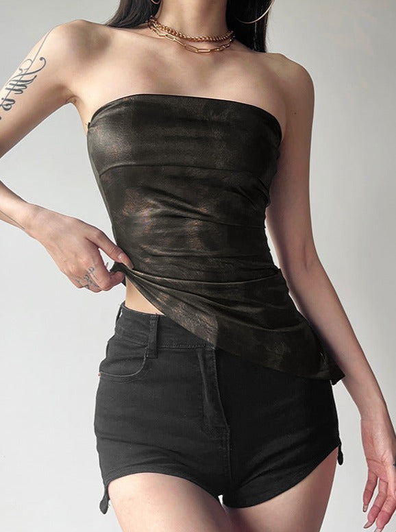 Straplez Sedefli Crop Bluz - Riosso