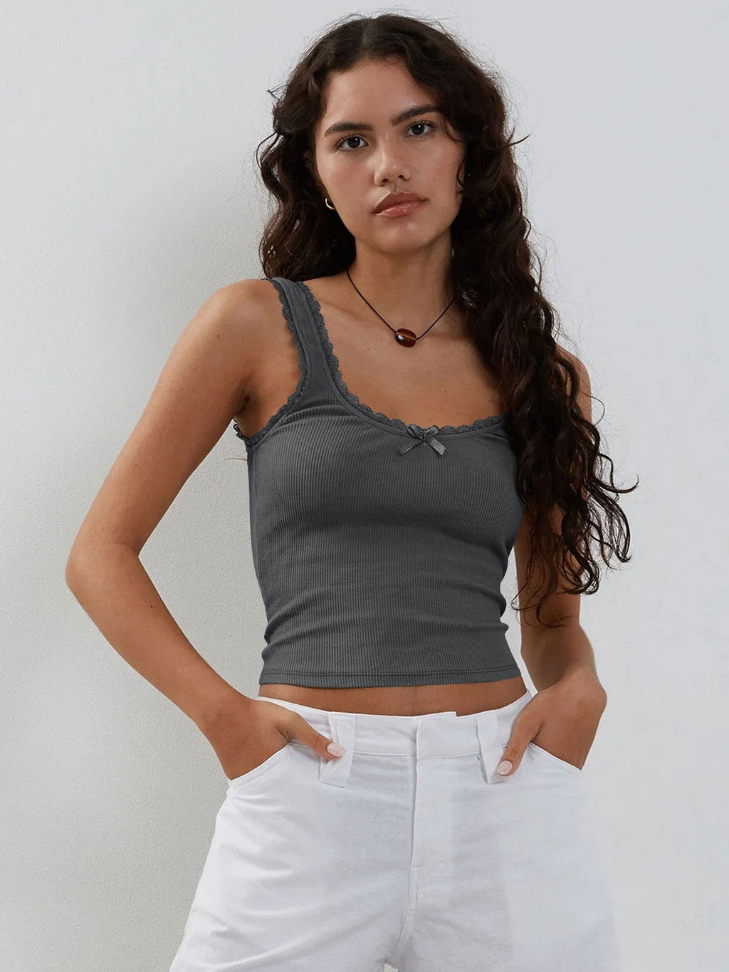 Muı Koyu Gri Dantel Crop Top - Riosso