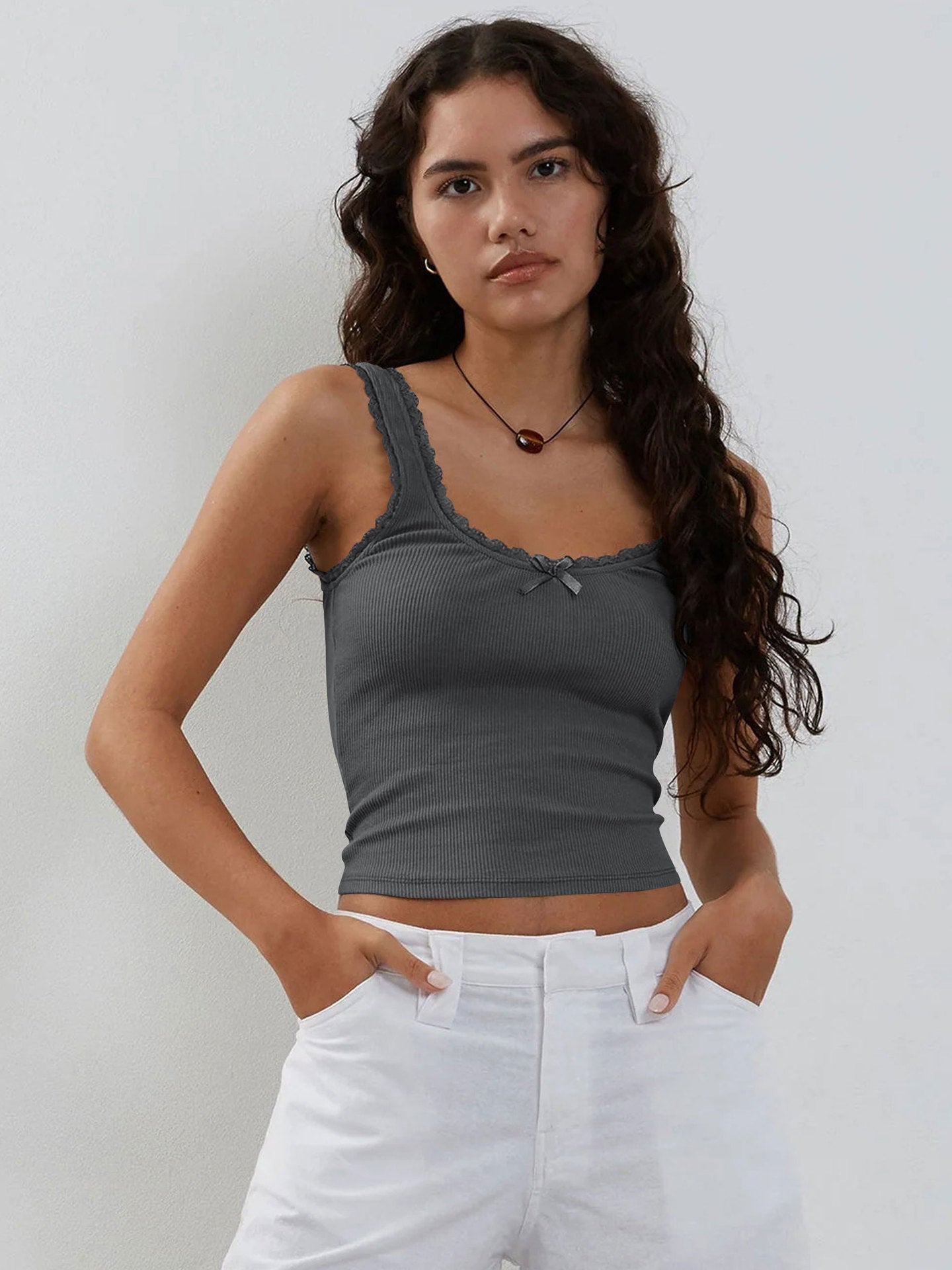 Muı Koyu Gri Dantel Crop Top - Riosso