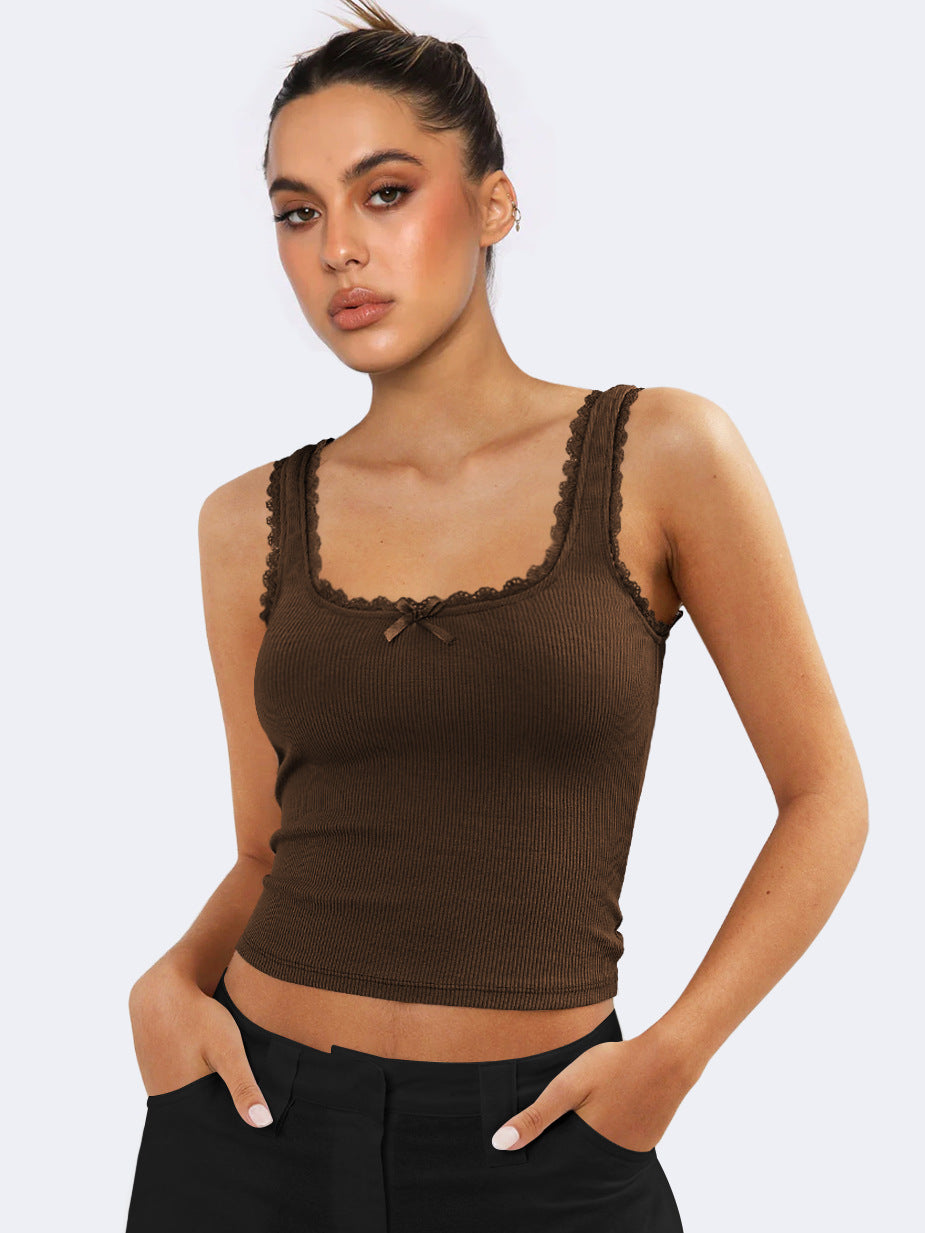 Muı Kahverengi Dantel Askılı Crop Top