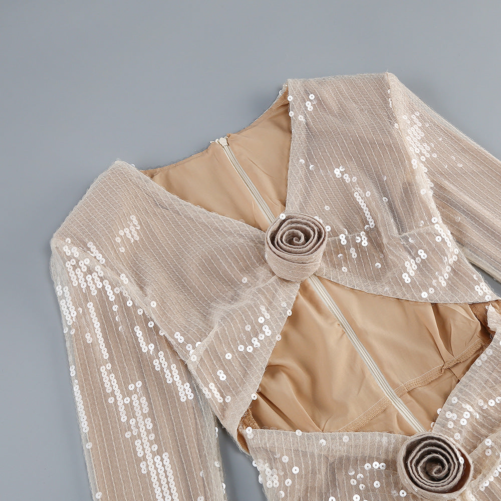 Violet Vatkalı Payetli Midi Elbise