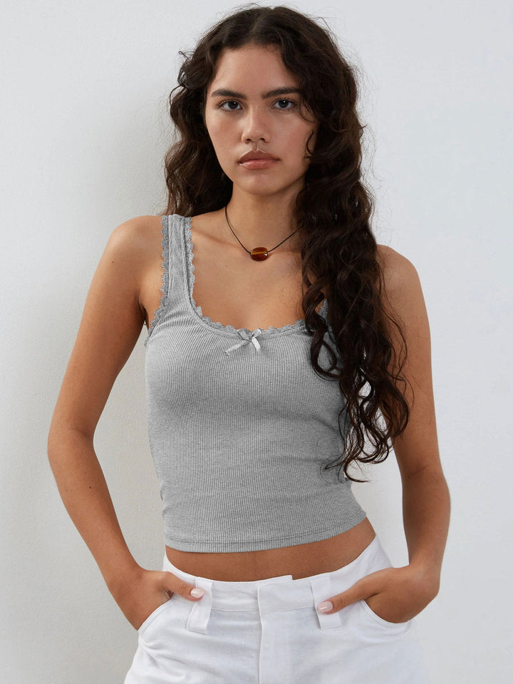 Gri Dantel Detay Askılı Crop - Riosso