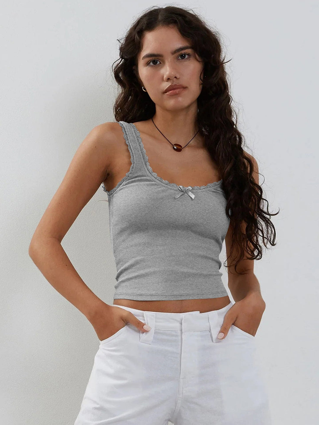 Gri Dantel Detay Askılı Crop - Riosso
