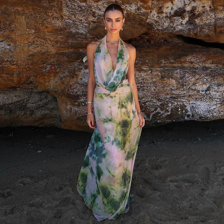Amélie Sırtı Açık Halter Maxi Elbise