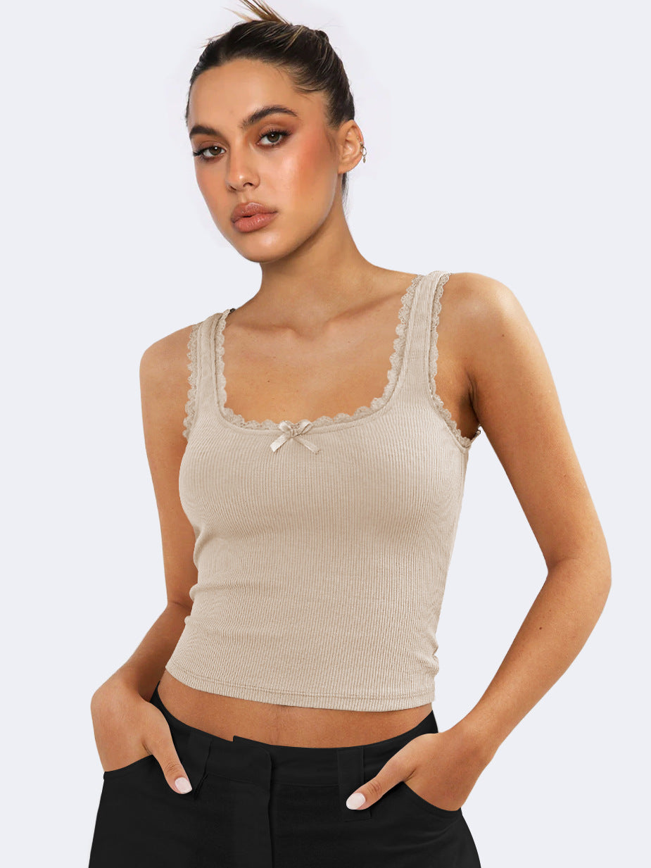 Muı Bej Dantel Detay Askılı Crop Top