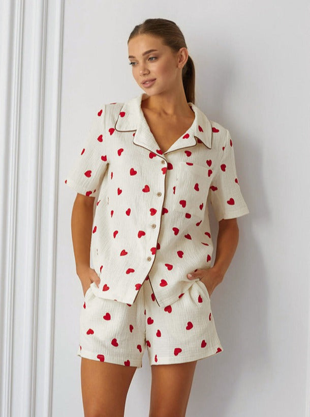 Kalp Baskılı Yakalı Pijama Takımı - Riosso