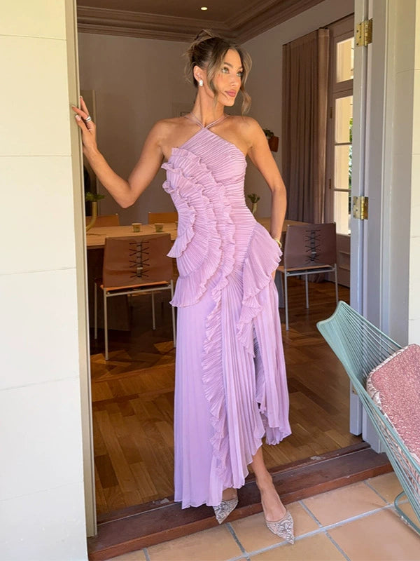 Anabella Pileli Fırfırlı Lila Midi Elbise