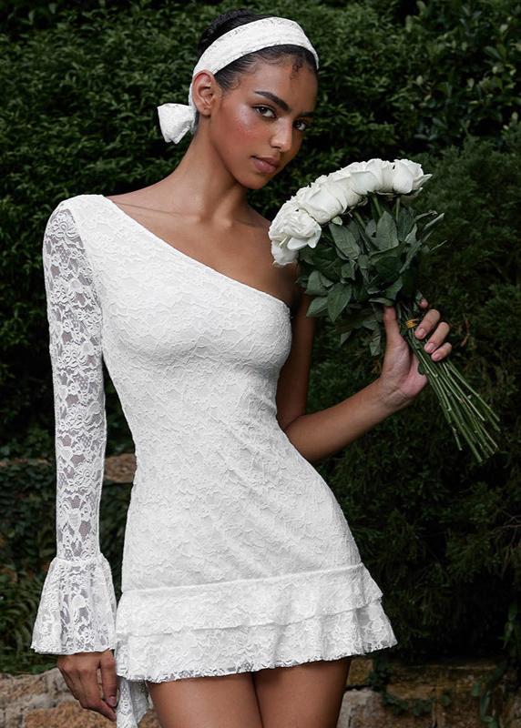 Tek Omuz Dantel Fırfırlı Mini Elbise