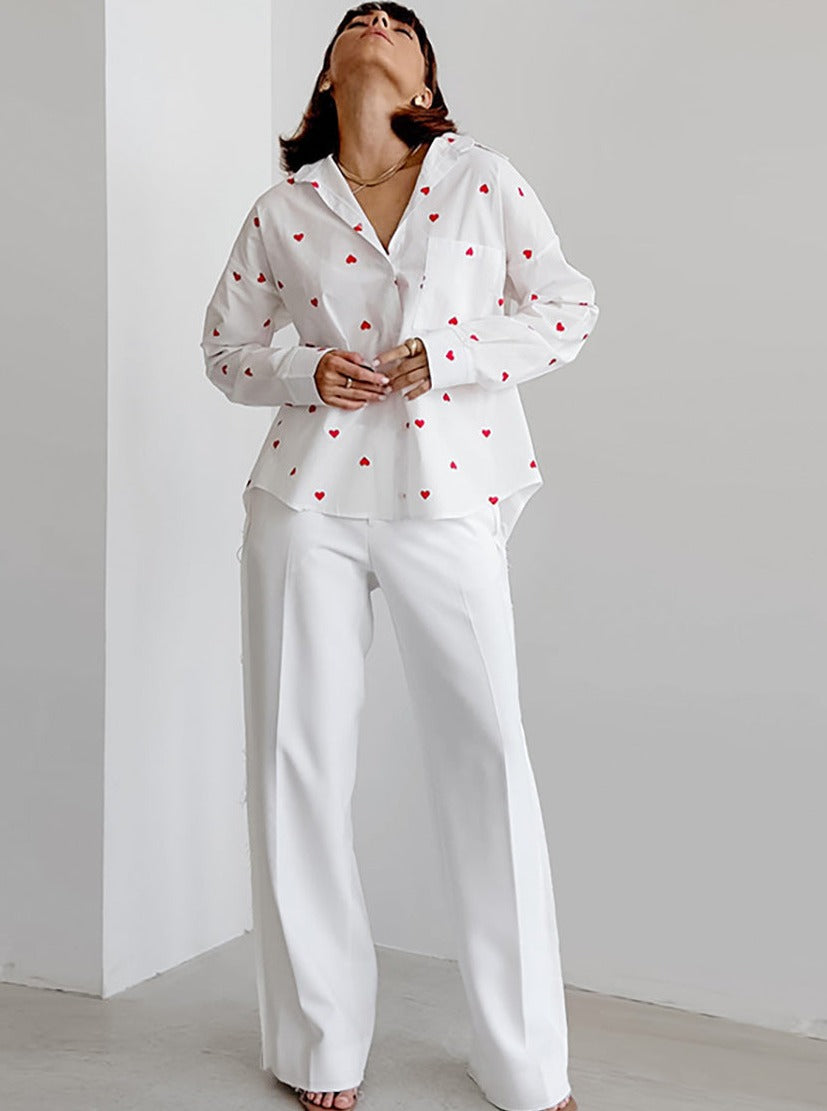 Heart Kalp Desenli Uzun Kollu Cepli Gömlek - Riosso