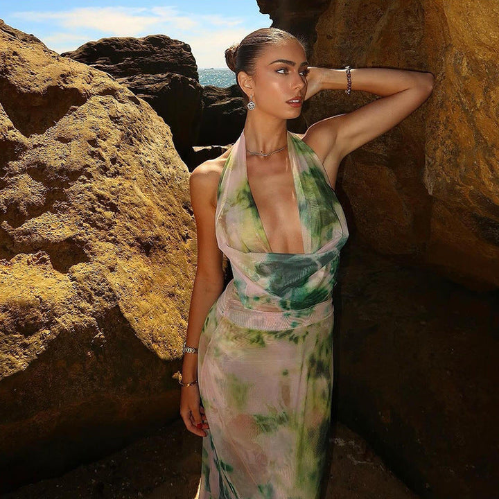 Amélie Sırtı Açık Halter Maxi Elbise