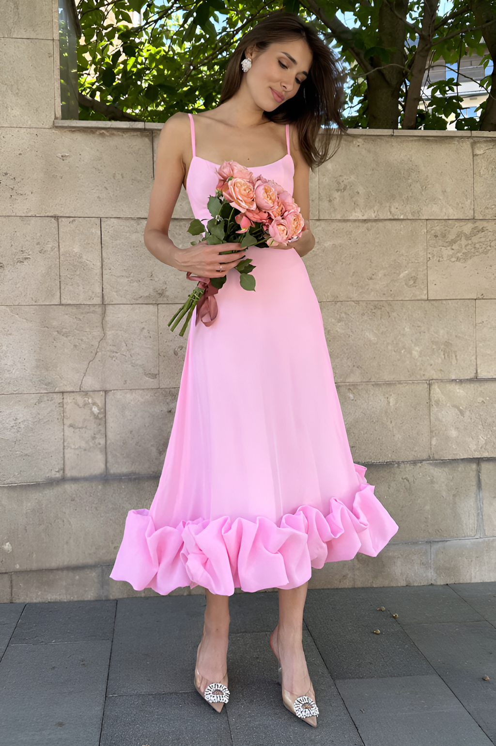 Flounce Büstiyerli Midi Elbise