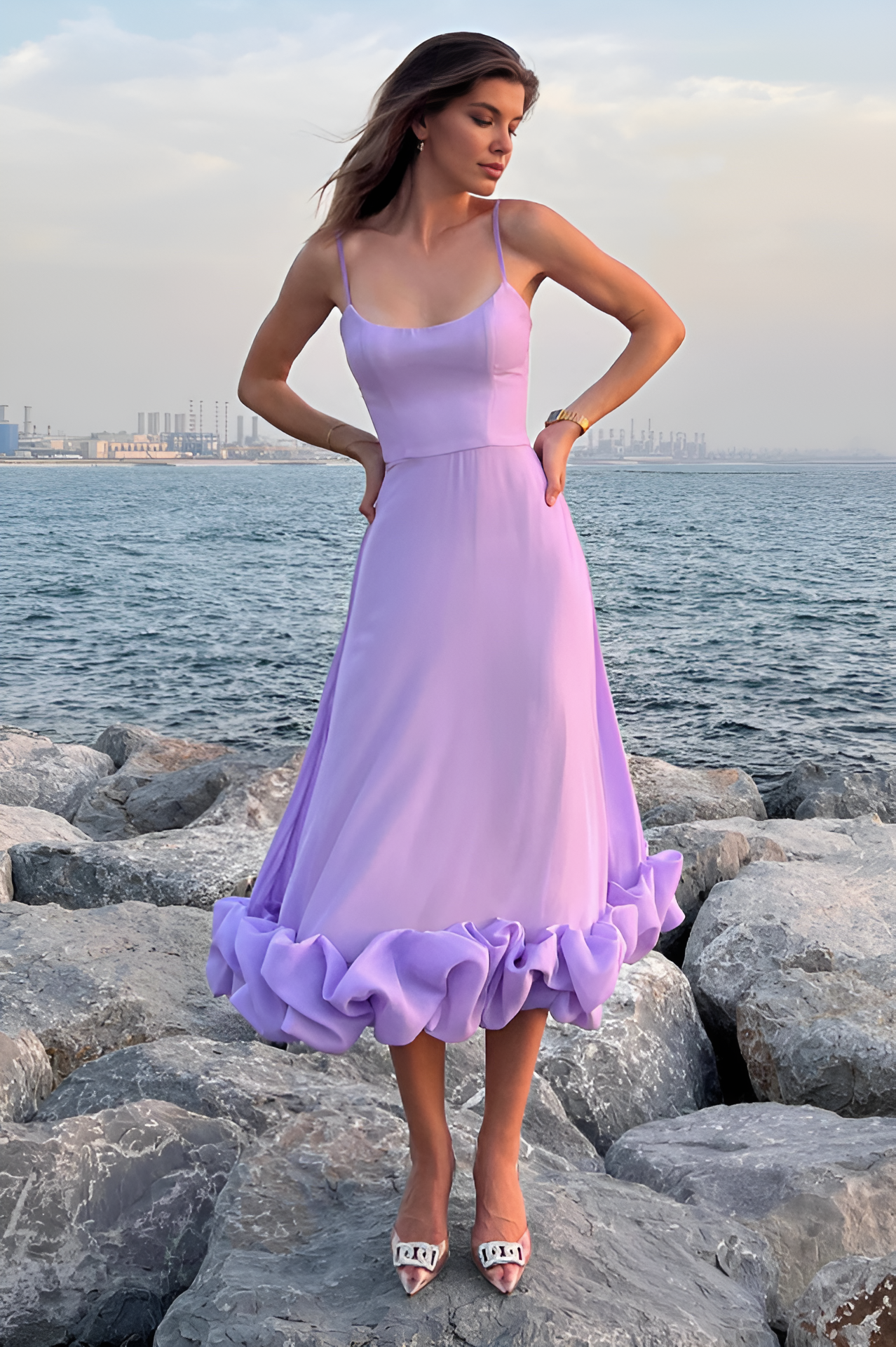 Flounce Büstiyerli Midi Elbise