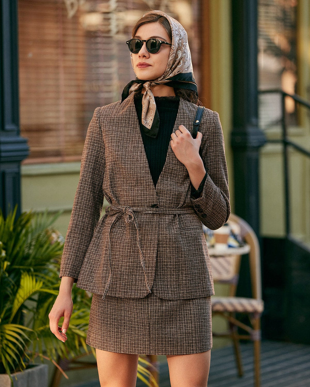 V Yaka Ekoseli Tek Düğmeli Blazer