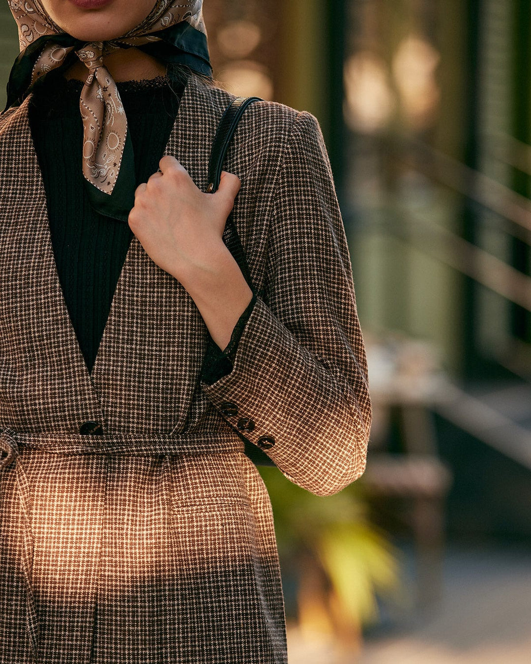 V Yaka Ekoseli Tek Düğmeli Blazer