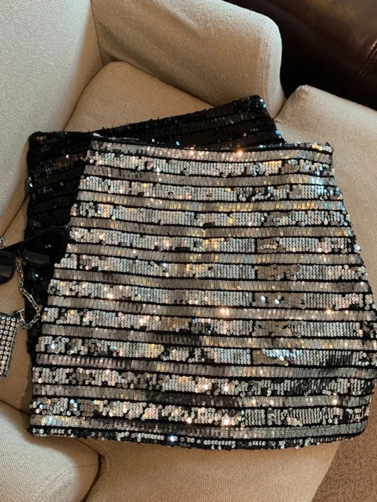 Fran Çizgili Pul Payet Mini Etek