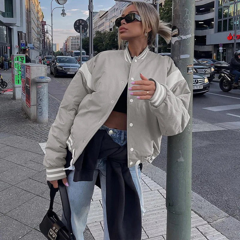 Beyaz Şeritli Bomber Oversize Ceket Mont