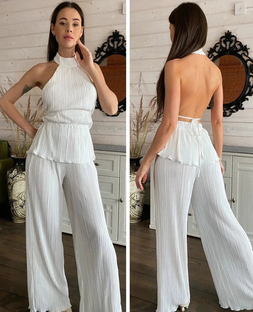 Boyundan Bağlama Sırt Detay Bluz Pantolon Takım