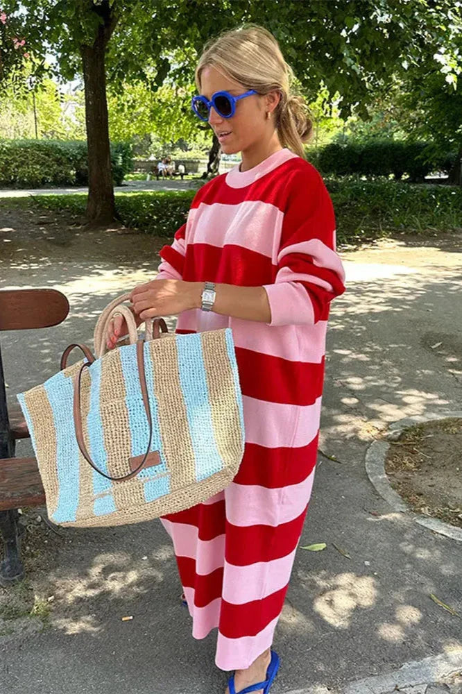 Günlük Çizgili Oversize Midi Elbise