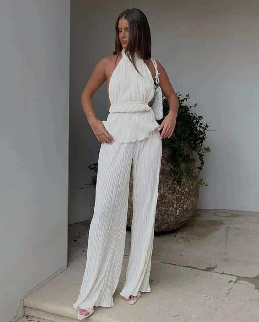 Boyundan Bağlama Sırt Detay Bluz Pantolon Takım