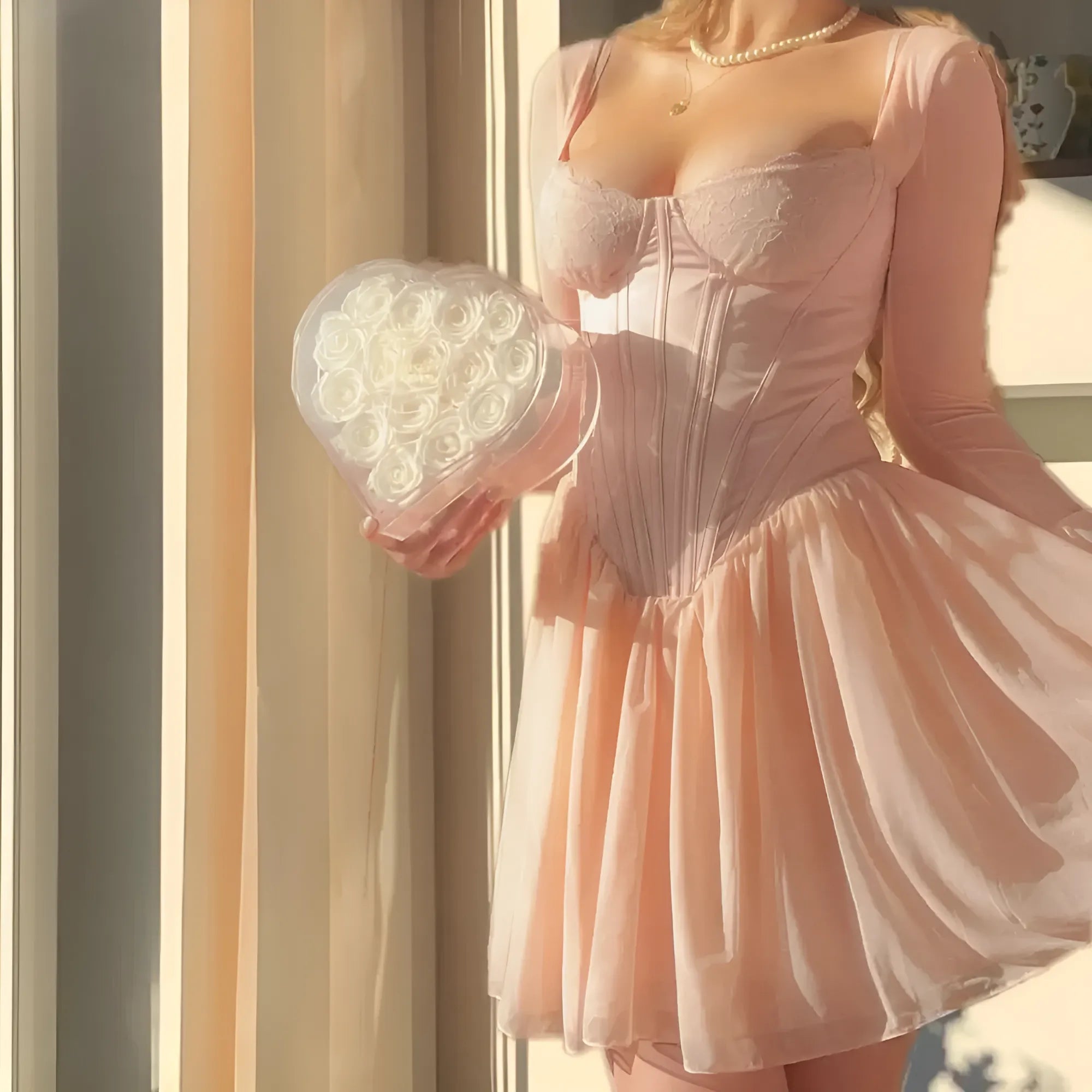 Pinky Uzun Kollu Korse Detay Elbise