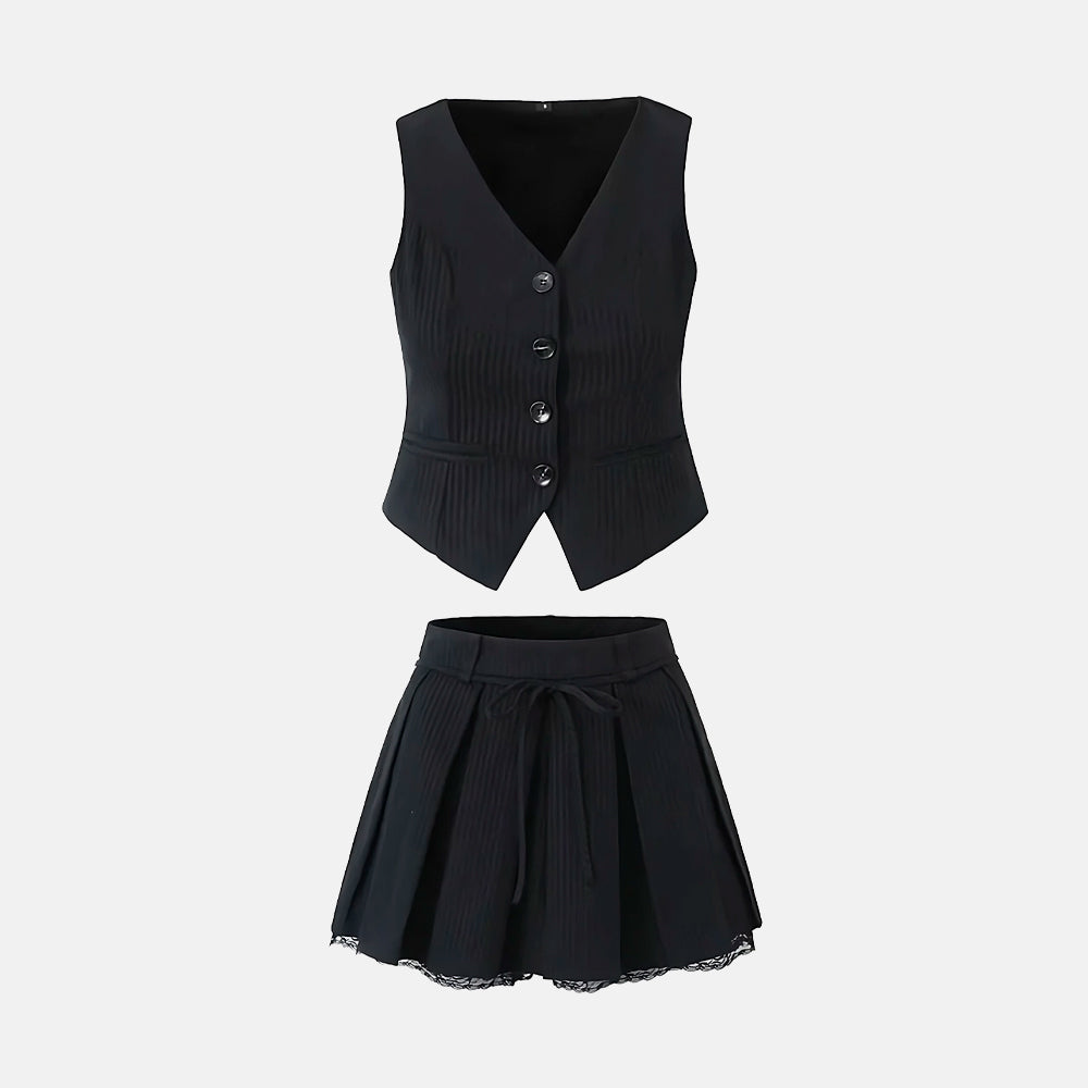 Takım Yeleği ve Pileli Dantel Detay Etek Takımı