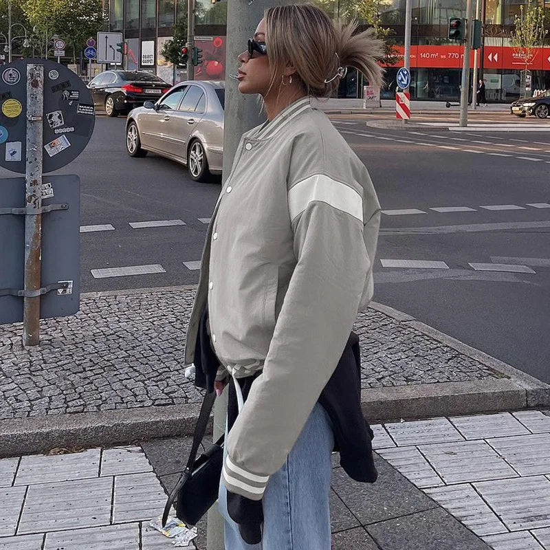 Beyaz Şeritli Bomber Oversize Ceket Mont