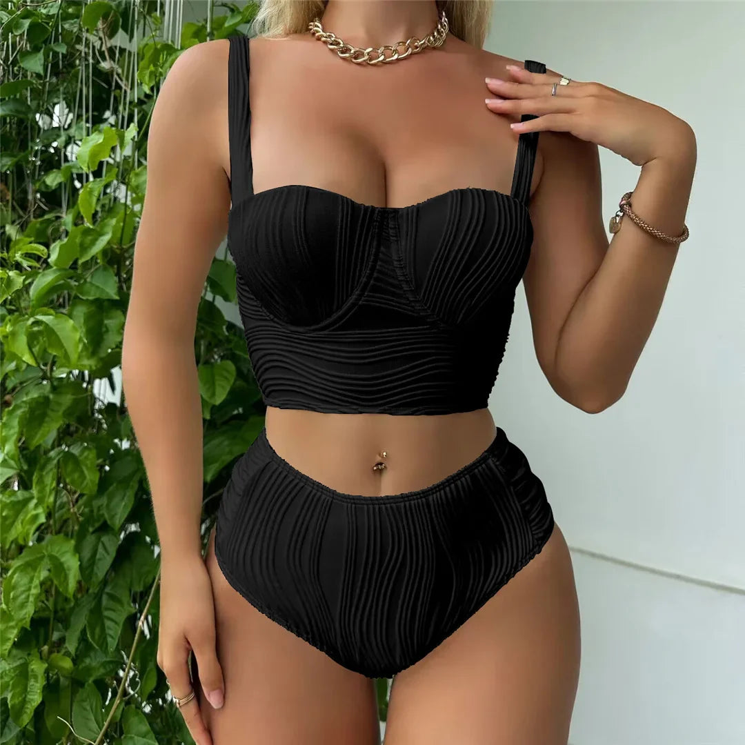 Buruşuk Balenli Yüksek Bel Bikini Takımı