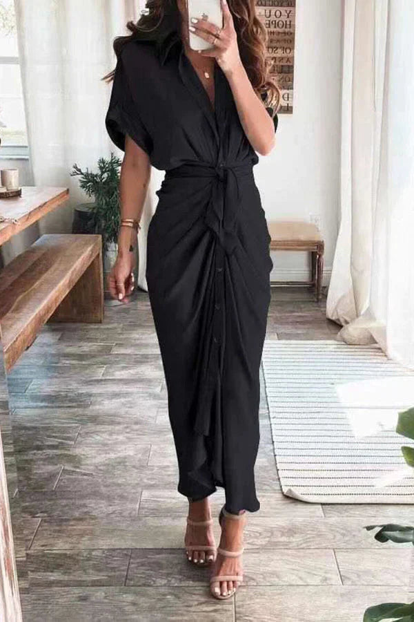 Zarif Düz Renk Kesitli Pileli Elbise - Riosso