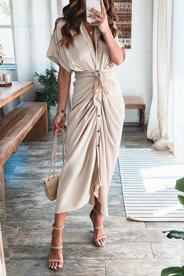 Zarif Düz Renk Kesitli Pileli Elbise - Riosso