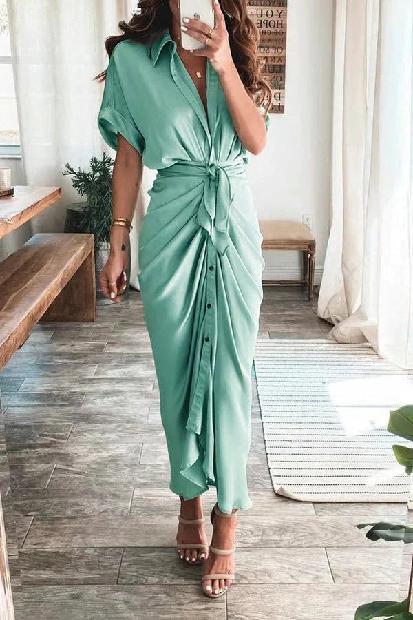 Zarif Düz Renk Kesitli Pileli Elbise - Riosso